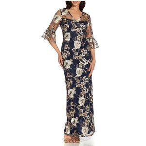 Adrianna Papell Floral Embroidered V-Neck 3/4 Elbow Bell Sleeve Gown Navy